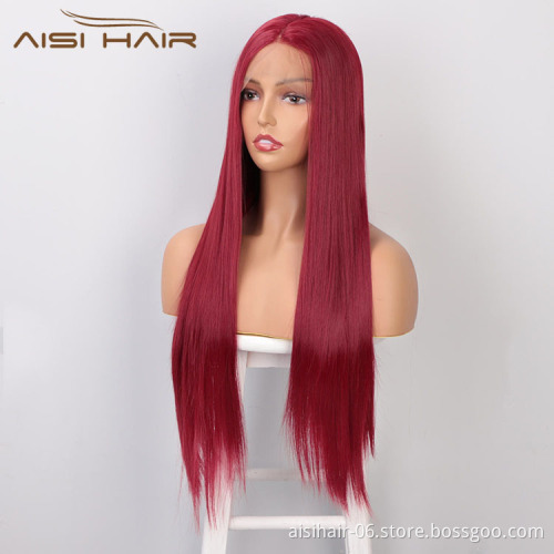 Aisi Hair New Design Long Silky Straight Red Color Wig Heat Swiss Lace Front Wig Middle Part Lace Frontal Wigs For Women